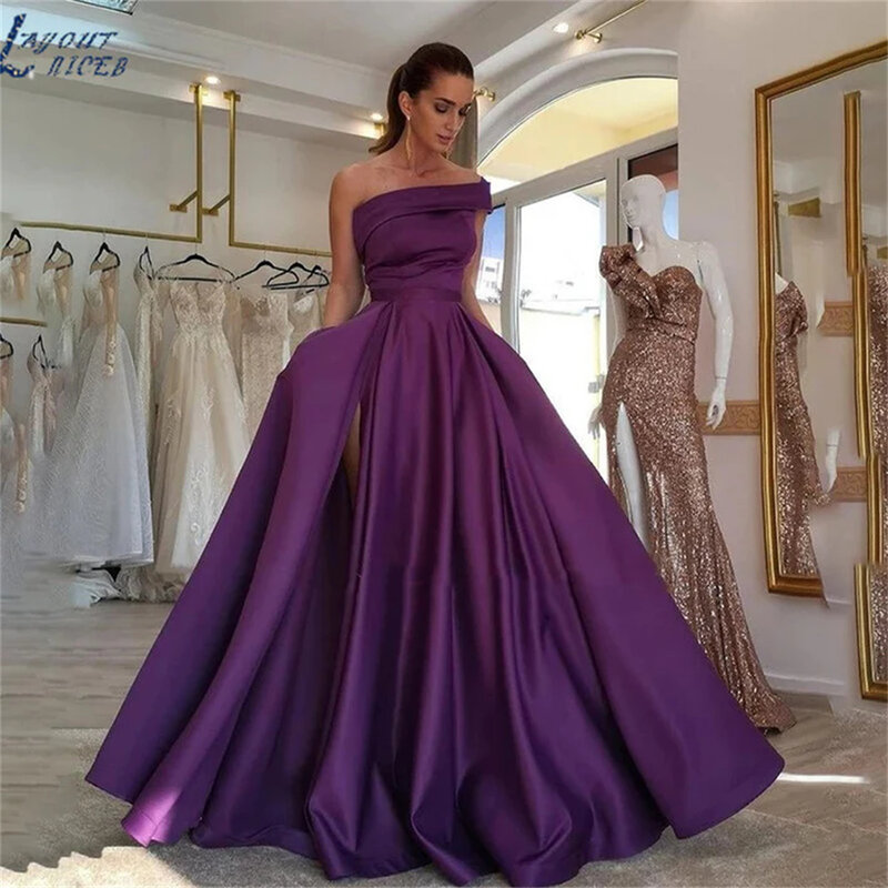 One-shoulder Satin Prom Dresses High Slit A-line Ruched Floor-length,Backless Lace-up Sleeveless Pleated Formal Party Ball Gowns