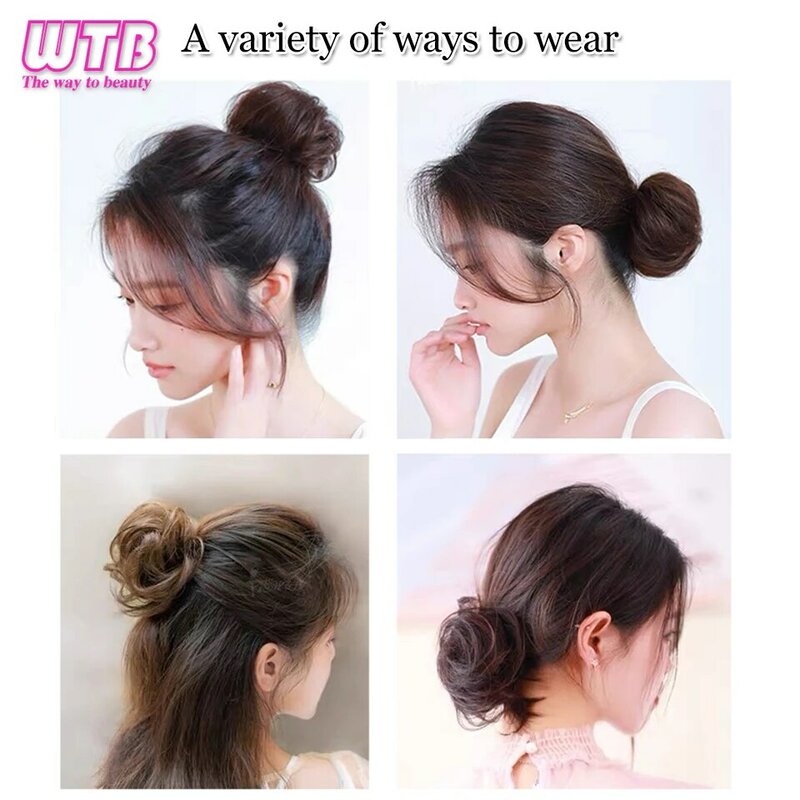 WTB Wig roti sintetis wanita, Wig cincin rambut lurus berbulu alami, Wig donat ikat rendah setengah simpul