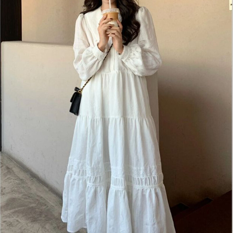 Houzhou elegante Party kleider für Frauen süßes weißes langes Kleid mit Ärmeln Vintage Falten Urlaub Midi Kleid Bohemian Chic
