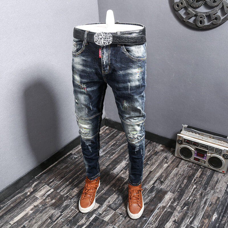Streetwear Mode Männer Jeans Retro schwarz blau Stickerei Patched Stretch Skinny Ripped Jeans Männer gespleißt Designer Hip Hop Hosen