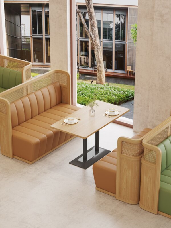 Sofá de ratán con asiento de tarjeta para Catering, combinación de mesa y silla de madera maciza para restaurante tailandés, comida y bebidas