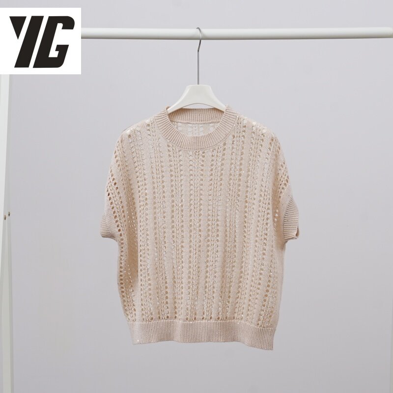 YG Knit sweater Summer high-end fashion women's cutout with sequins and beaded design crew neck short-sleeved pullover