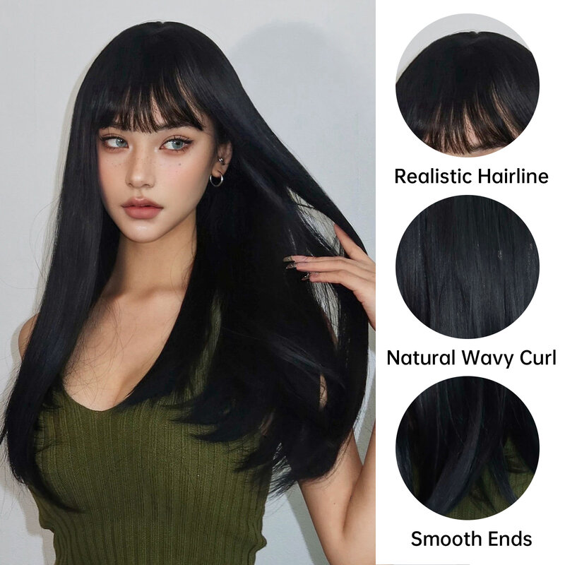 Длинные прямые черные синтетические парики с челкой, натуральные Многослойные темные черные волосы, парики для женщин, ежедневное искусство, косплей, термостойкие
