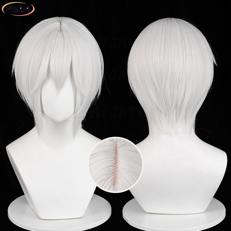 Tomoe-Peluca de Cosplay de Anime Tomoe, pelo sintético corto plateado y blanco, resistente al calor, para fiesta de Halloween, Unisex, con gorro