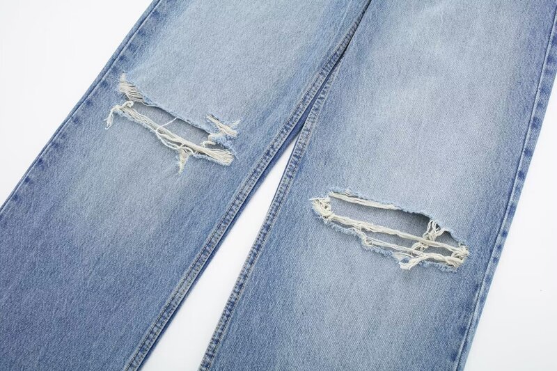 Женские шикарные и универсальные джинсы с широкими штанинами и дырками, новинка 2024, женские джинсовые брюки на молнии с высокой талией в стиле ретро