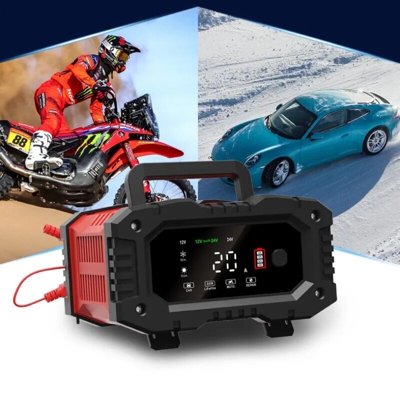 Carregador de bateria para carro e motocicleta, carregador inteligente para carregadores de bateria AGM GEL LiFePO4, 20A, 10A, 12V, 24V