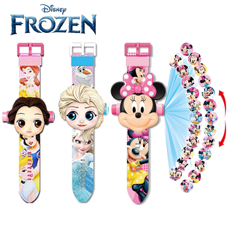 Relógios Minnie Mouse para crianças, Frozen, Projeção 3D, Princess Cartoon Watch, Anime Flip Relógios, Brinquedo Infantil
