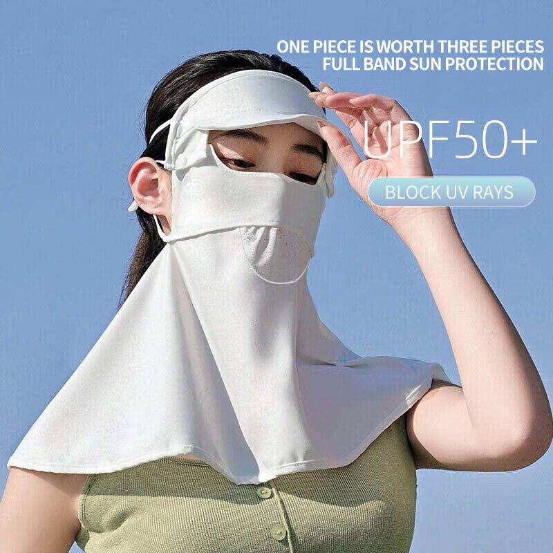 หน้ากากป้องกันคอกันแดดหน้ากากแขวนหู seluruh wajah ผู้หญิงหน้ากากปีกผ้าไหมระบายอากาศสไตล์ฤดูร้อน [UPF50 +]