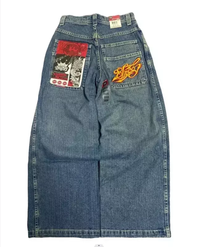 JNCO celana Jeans Harajuku Y2K, celana panjang Denim pinggang tinggi, CELANA Jin Vintage bordir huruf Hip Hop Harajuku, celana jins Denim pinggang tinggi untuk pria dan wanita