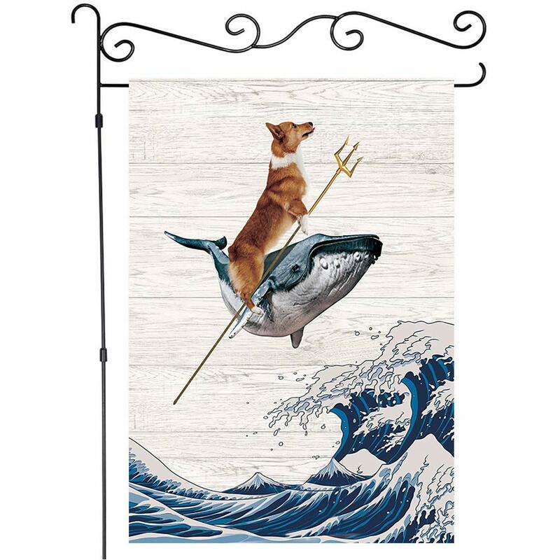 Lustige Hunde garten flagge der Corgi reitet einen Wal auf riesigen Wellen rustikales Holzbrett Doppelseite Haus flagge Hof schilder Außen dekor