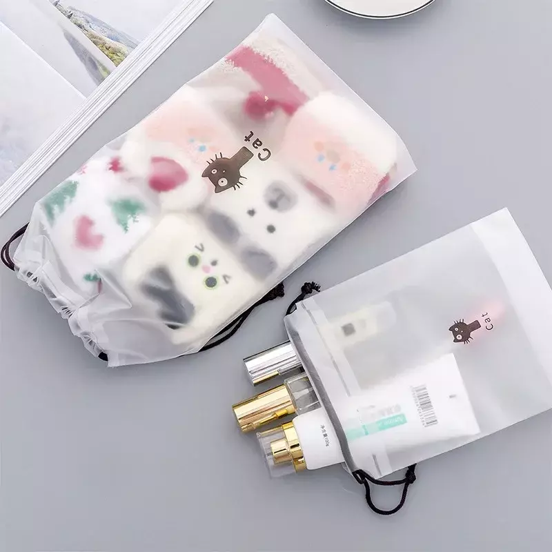 1pc PVC Waterproof Makeup Bag Drawstring Storage Toiletry Wash Bags for Packing Pouch Girls Women Cute Cosmetic Cotton Pad Cases