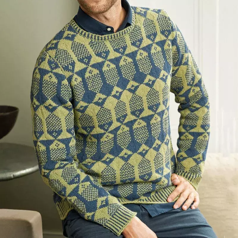 Jesienne zimowe męskie bluzki w stylu Vintage z geometryczną żakardowe, długie rękawem sweter z dzianiny z okrągłym dekoltem modne luźny dzianinowy swetry dla mężczyzn