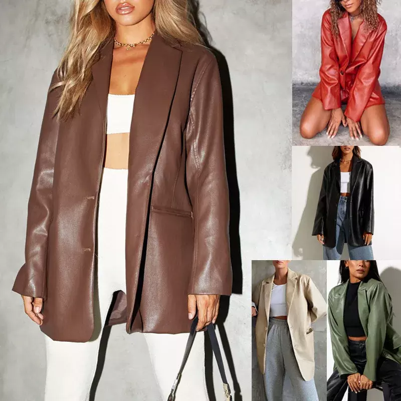 Jaqueta de couro PU para mulheres, manga comprida, blazers quentes, cor sólida, outwear solto, moda lazer, Y2K