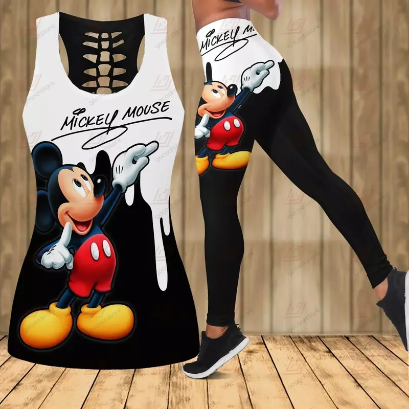 Disney Mickey Mouse Frauen Hohl weste Damen Leggings Yoga Anzug Fitness Leggings Sporta nzug Tank Top Legging Set Outfit