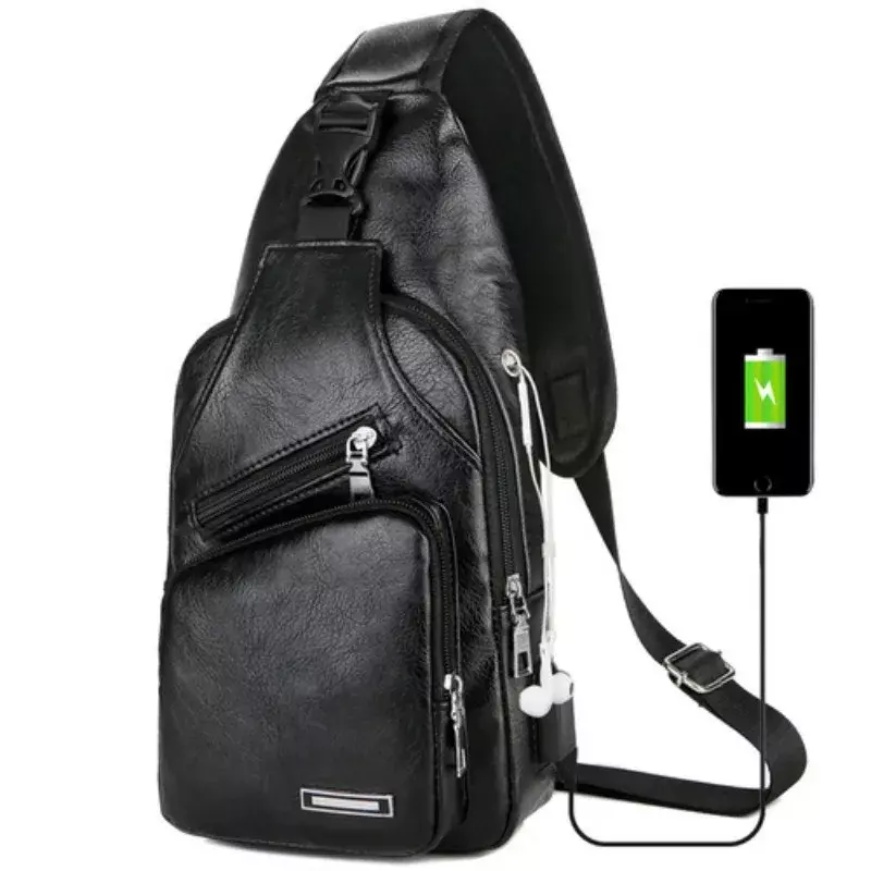 Tas dada pengisi daya USB Pria, dengan lubang Headset multifungsi tali tunggal tas dada Anti Maling dengan tali bahu dapat disesuaikan