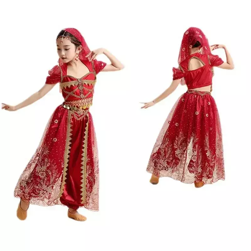 طقم رقص شرقي للأميرة الهندية للأطفال ، فتاة ساري ، زي أداء شرقي ، ملابس مسرح للأطفال من بوليوود
