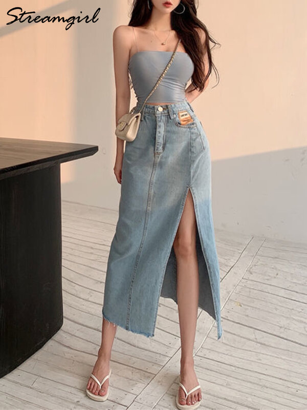 Streamgirl rok Maxi Denim wanita, rok panjang Jeans terbelah samping Musim Panas 2024 untuk perempuan