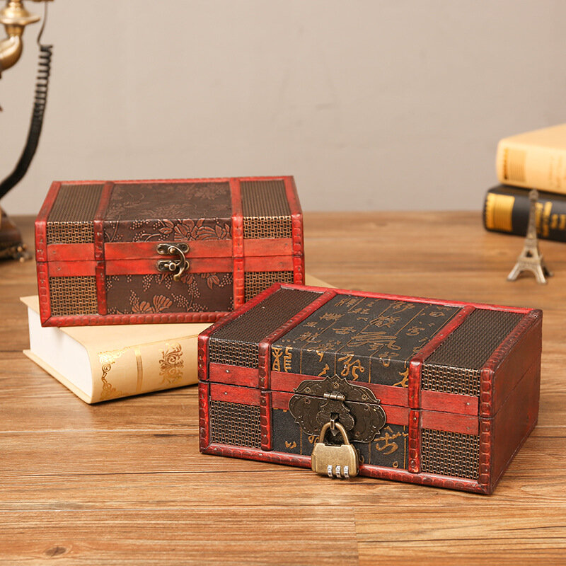 Retro Storage Box Desktop Jewelry Cosmetic Finishing with Lock Wooden Box Photography Props Wooden Storage Box