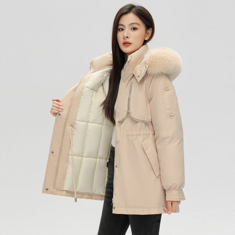 Mantel empuk katun wanita Korea, mantel panjang Medium longgar dengan kerah bulu besar Musim Dingin 2023
