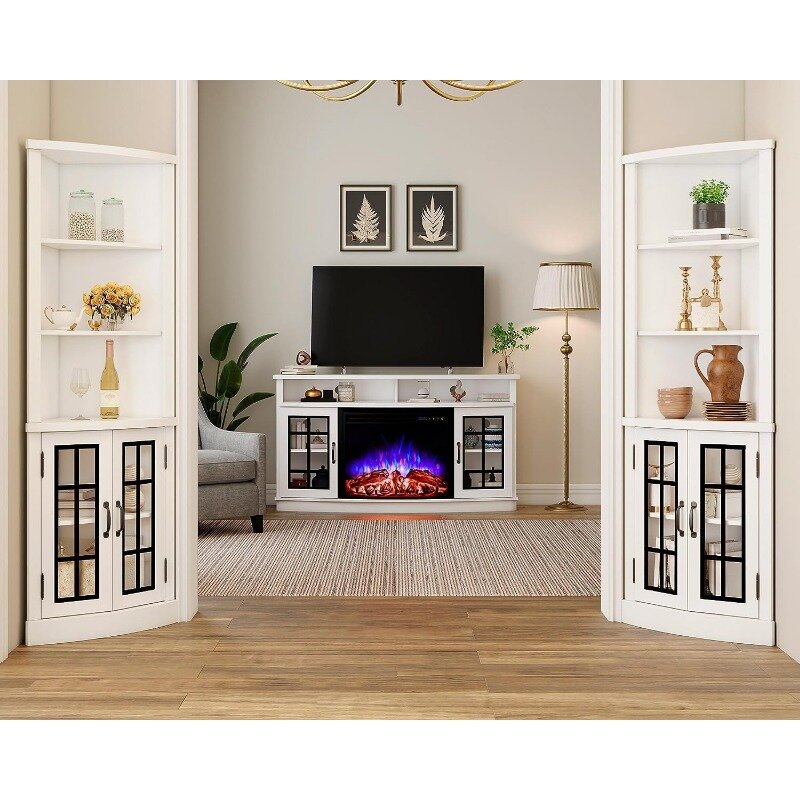 Curved Fireplace TV Stand with 26'' Electric Fireplace, Media Entertainment Center Farmhouse Glass Door Storage Cabinet