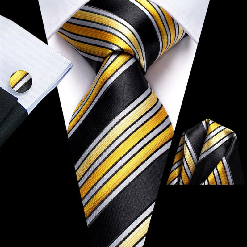Preto amarelo listrado seda casamento gravata para homem handky cufflink presente masculino gravata moda festa de negócios dropship oi-tie designer
