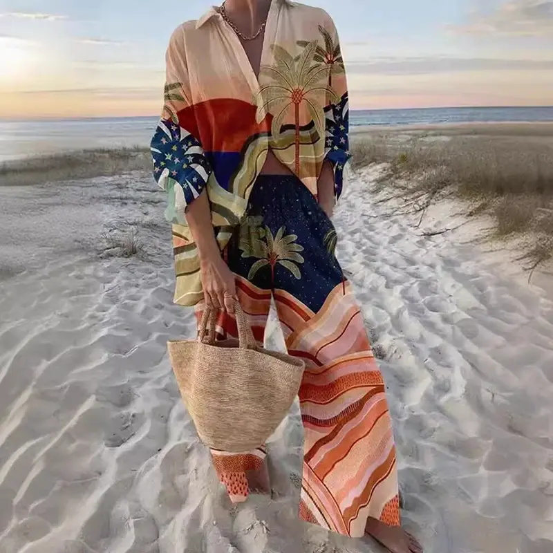 Conjunto feminino estampado de duas peças para praia, roupas soltas, manga longa, camisa de botão de lapela, calças compridas, moda casual, terno vocacional