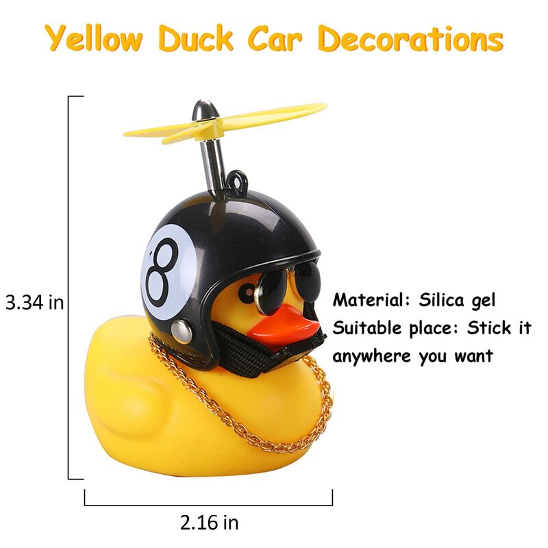 Pato amarelo com capacete e hélice, enfeites de carro, decoração interna automática, quebra-vento, luz, 2 pcs