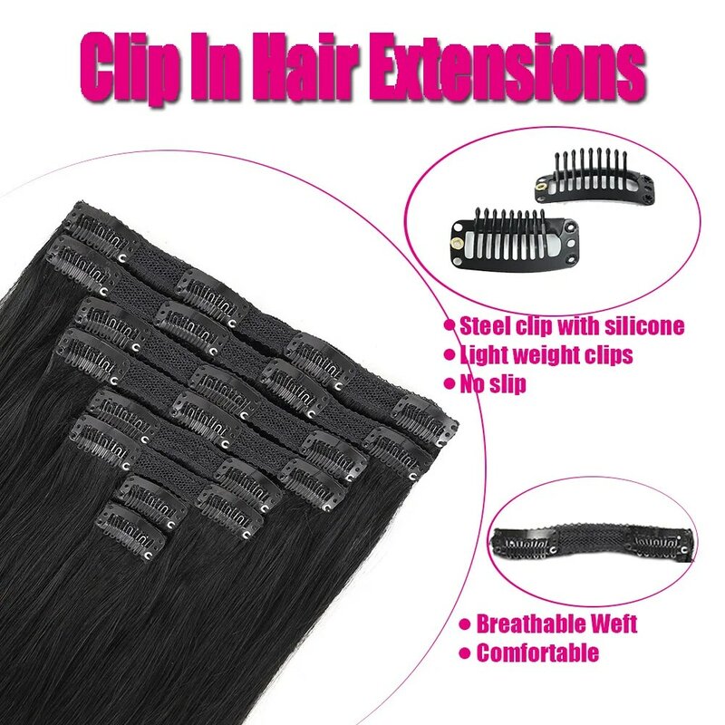 Clip In Hair Extension Human Hair Black Natural Hair Extensions 100% Human Hair Seamless Clip In Human Hair Extensions 8Pcs 120g