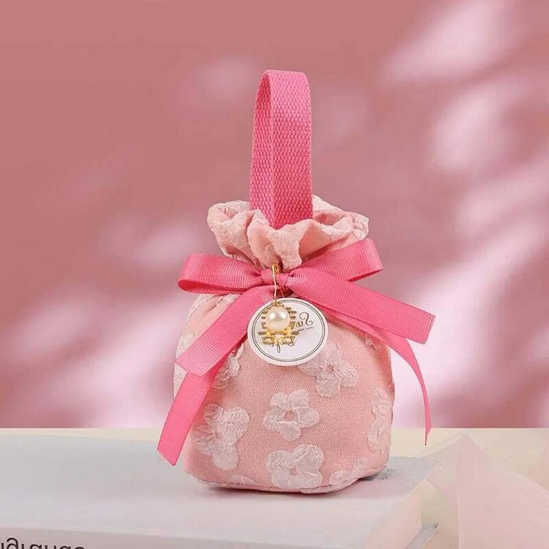 Bolsa de lona con cordón Floral a rayas, bolso con colgante de perlas de Sakura, bolsa de azúcar festiva, bolsa de dulces de boda, bolso de lazo de satén