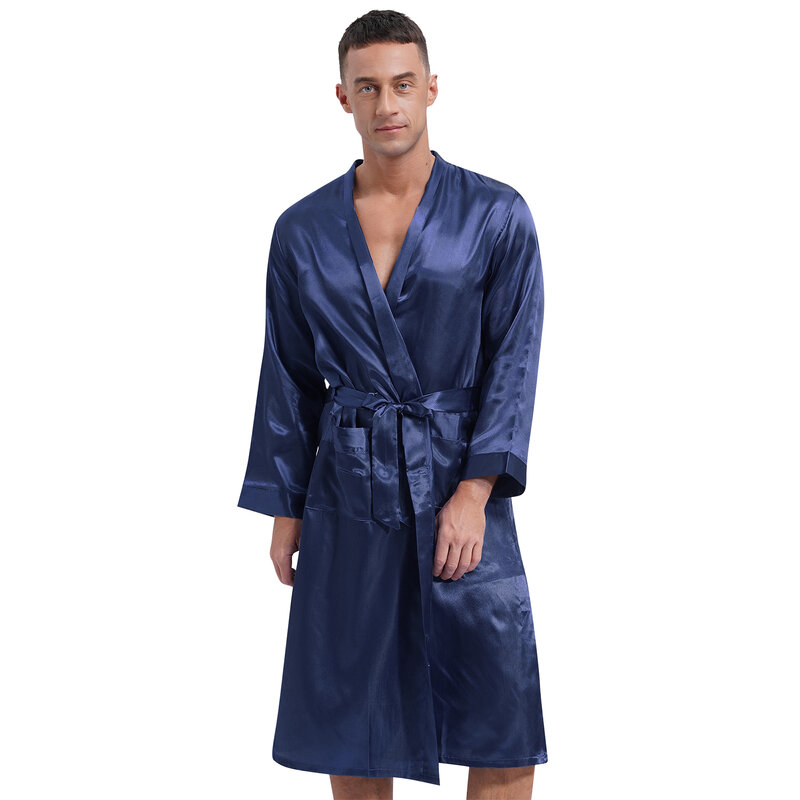 Kimono pria, piyama jubah mandi Satiny sutra untuk pria, lengan panjang, depan terbuka dengan sabuk pinggang saku samping