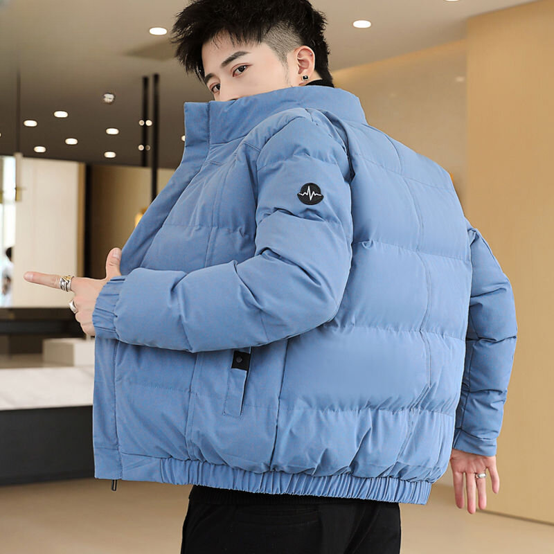 Jaket katun musim dingin pria, jaket musim dingin tebal longgar hangat mode kasual kerah berdiri, pakaian luar warna Solid 2023