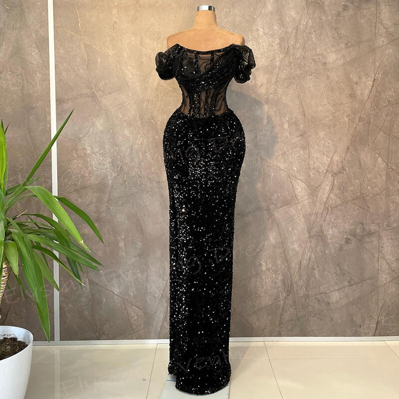 Błyszczące klasyczne czarne damskie syrenki piękne suknie wieczorowe formalne suknie na przyjęcie przepiękne cekinowe فساتين سهره شارون سعيد
