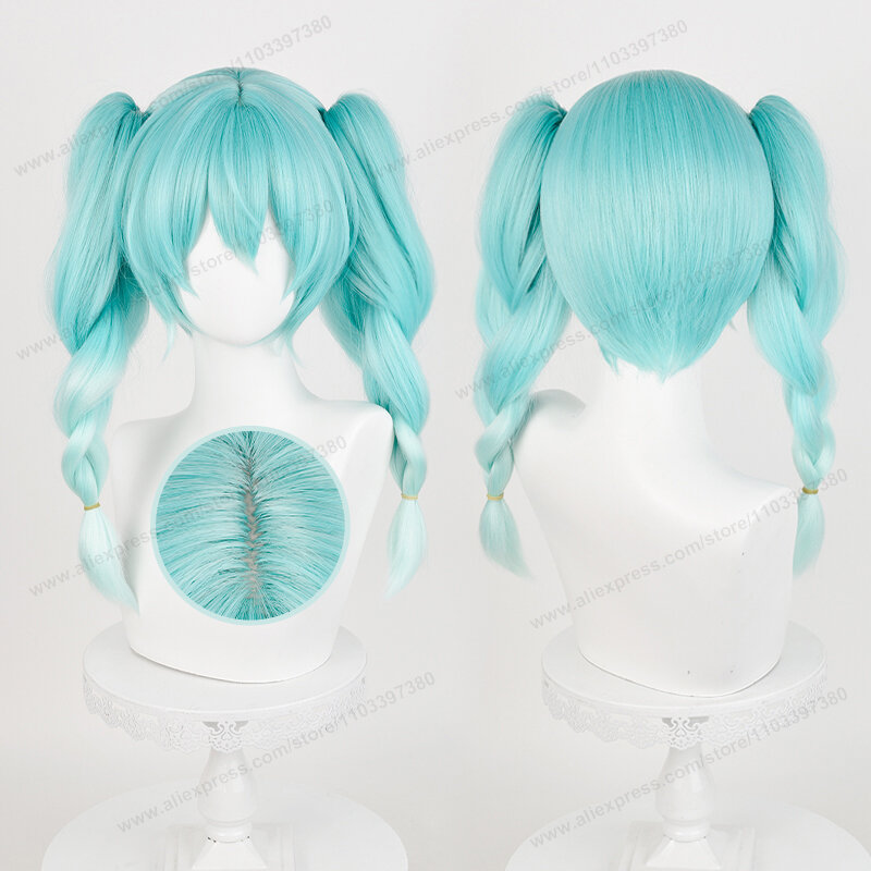 Miku Bunny Cosplay Wig 45cm Pre Braided Double Ponytails Cyan Gradient Hair Anime Heat Resistant Synthetic Wigs