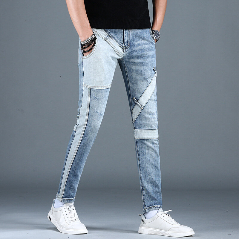 Street Fashion High-End Stitching Jeans Men's Autumn and Winter Slim Fit Skinny Cool Smart Casual Motorcycle Trousers