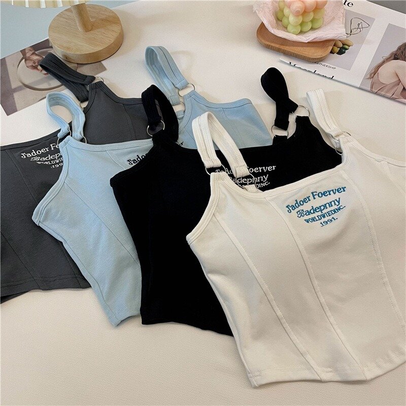 Letter Printing Crop Tops Women Summer Tops Sexy Camisole Square Collar Tank Top y2k Slveless Female Crop Tops Padded Fashion