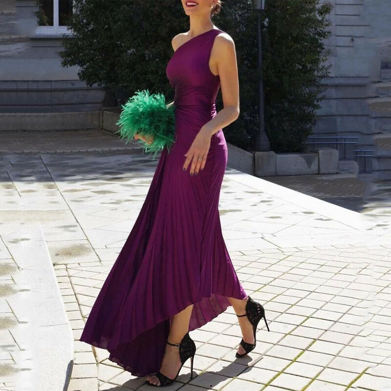 Women Elegant Asymmetric Long Party Dress 2024 One Shoulder Pleat Formal Occasion Gown Ladies Sexy Cocktail Evening Prom Dresses