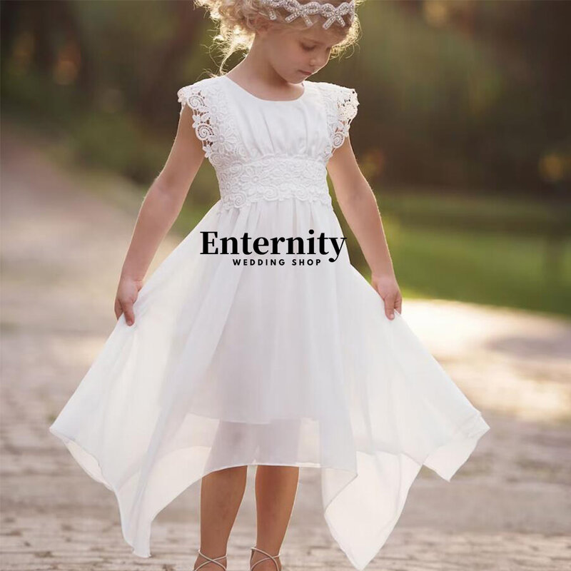 Flower Girl Crew Neck Asymmetrical Wedding Party Dress Sleeveless Lace Birthday Party Mid-Calf  Gown First Communion Dress