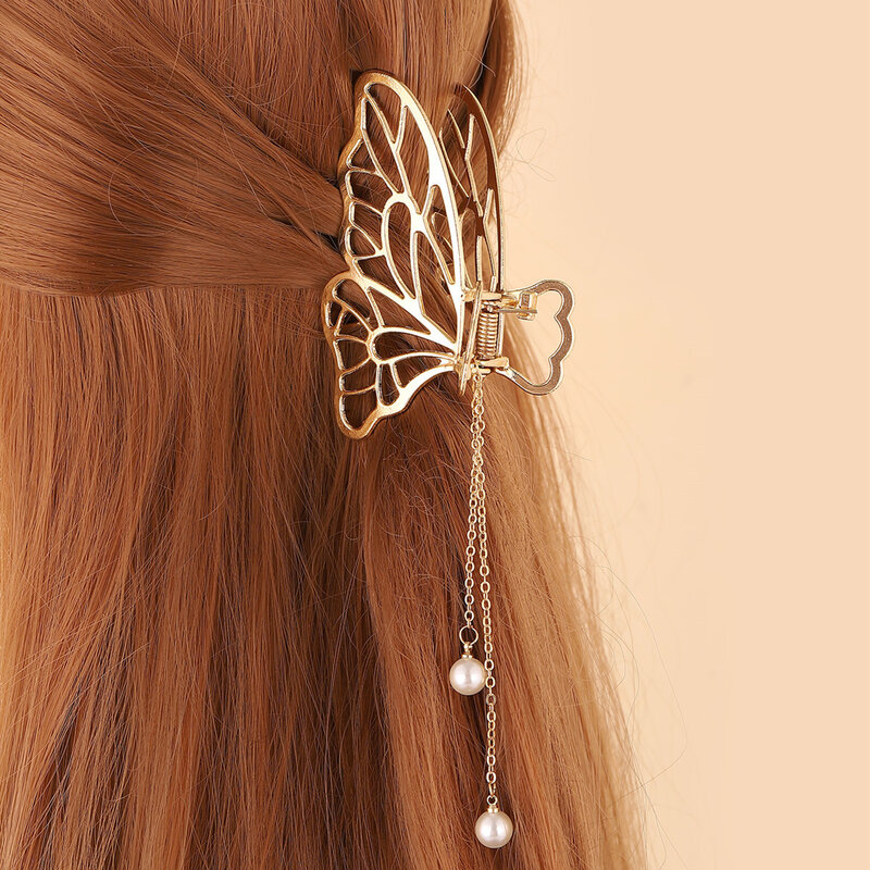 Horquilla de Metal con borla y perlas para niña, accesorio para el cabello Simple, elegante, de tiburón, novedad de 2022