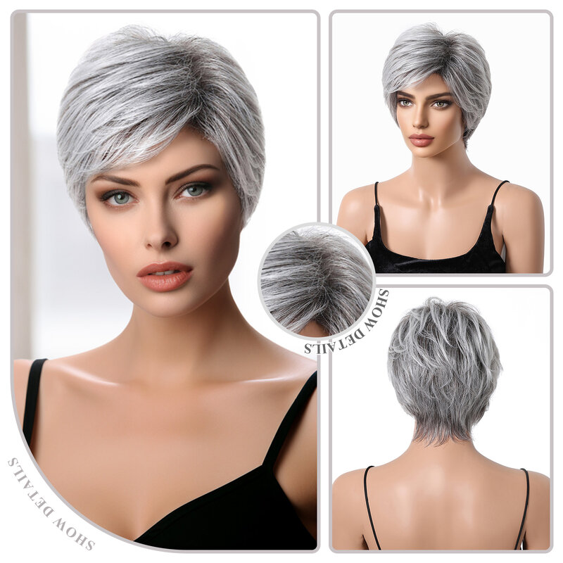 Peruki z krótkim fryzura Pixie mieszanką ludzkich włosów dla kobiet srebrno-szare platynowe peruki