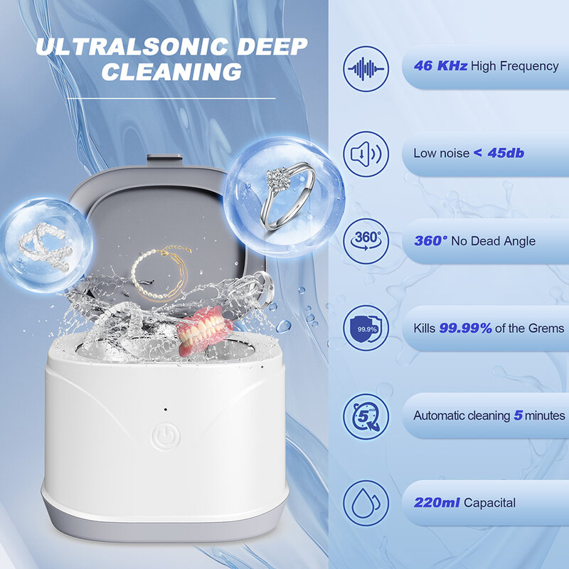 KUNPHY 46KHz pembersih ultrasonik 220ML, jam tangan pembersih gigi tiruan mesin cuci Ultrasound multifungsi
