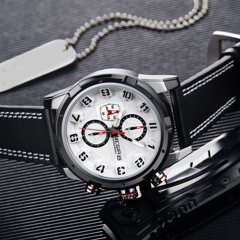MEGIR 2062,2081,2082,2076,2103,2094,2070 Sports Quartz Watches Men Chronograph Leather Waterproof Wristwatches Relogio Masculino