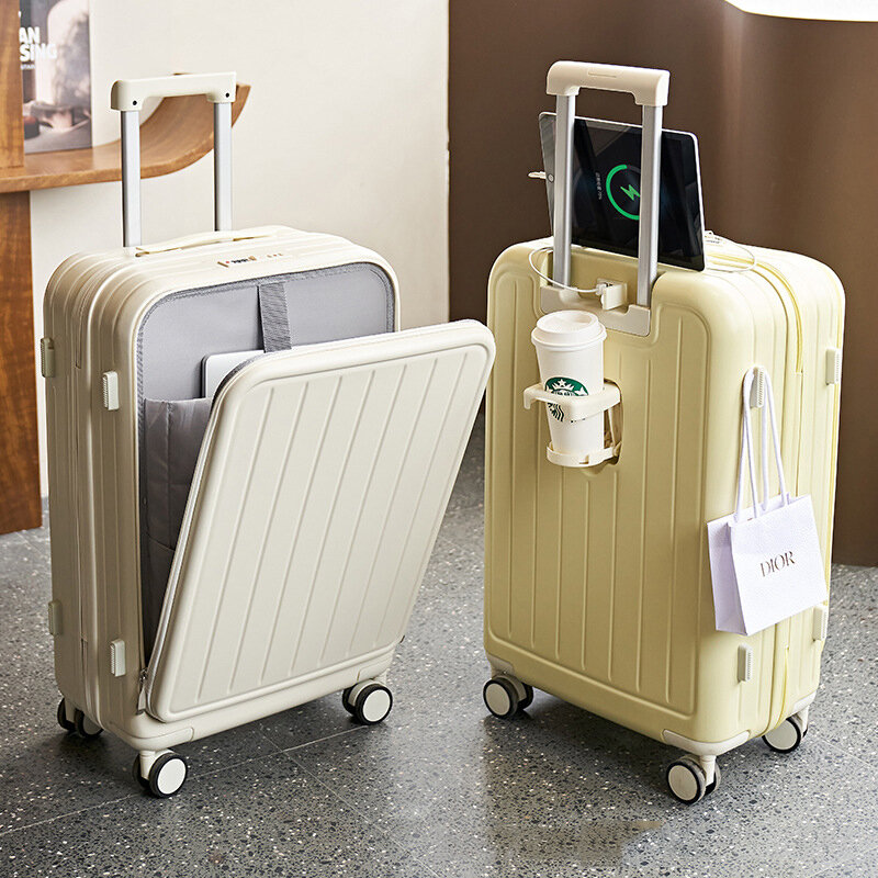 20"22"24"26 Inch Travel Suitcase Front Open Cover Multifunctional Trolley Case with Cup Holder Boarding Box Rolling Luggage