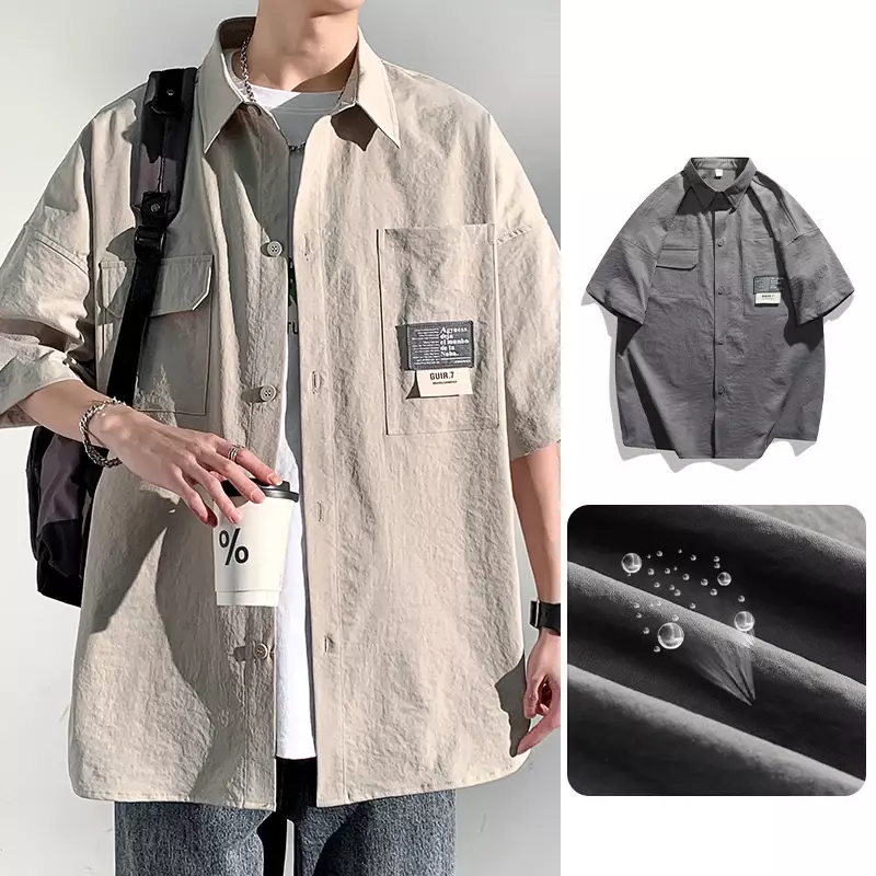 여름 남성 반팔 셔츠, 일본 캐주얼 라펠 블라우스, 하이 스트리트 멀티 포켓, 오버사이즈 셔츠 패션