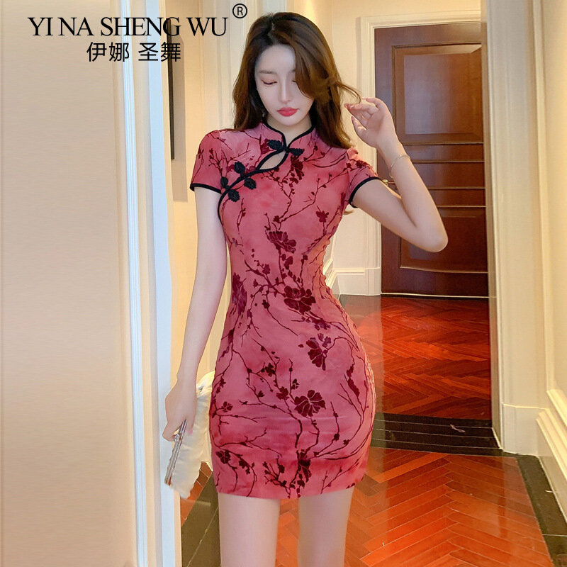 Mini vestido estilo chinês vintage feminino, vestido sexy de clube, cheongsam, vestidos de festa primavera, nova chegada