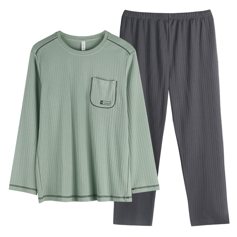 Conjunto de pijama de algodón para hombre, ropa de dormir informal, de manga larga, holgada, para primavera y otoño, 2 piezas