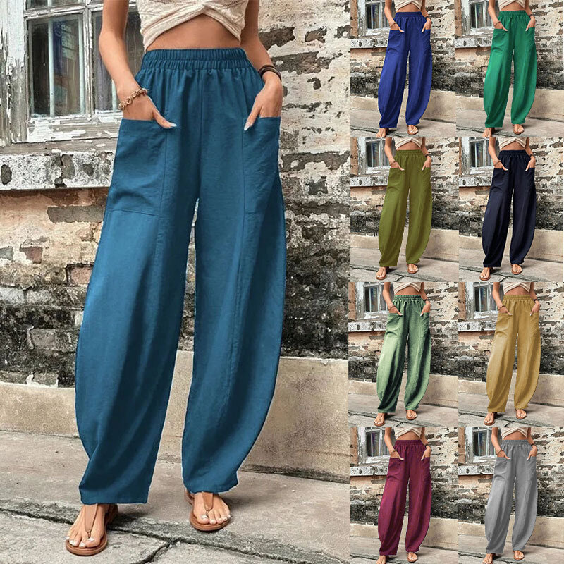Pantalones de verano para mujer, pantalón informal de Color liso con bolsillo, novedad