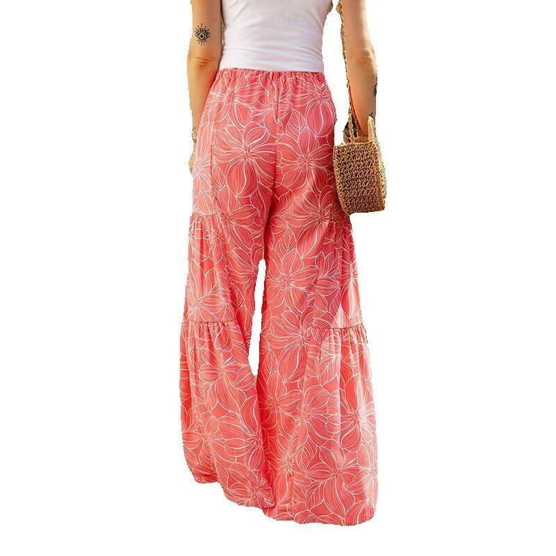 New Summer Lace Up Wide Leg Pants For Women Bohemian Print High Waist Casual