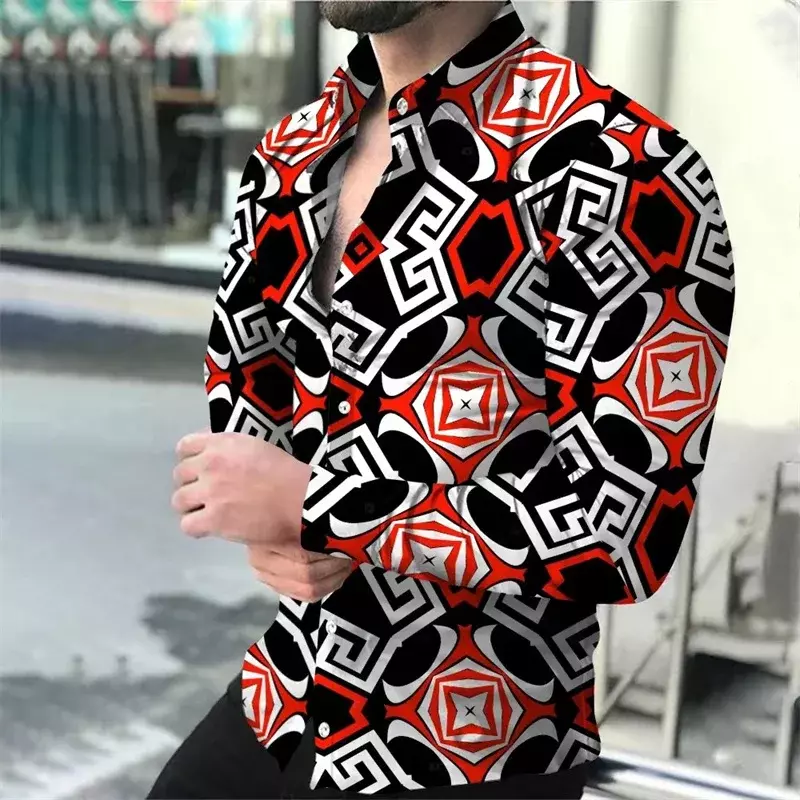 Wiosenna letnia koszula męska moda nowość klapa długi rękaw kolorowy okrągły łańcuszek Top Casual miękkie wygodne Plus rozmiar 2023