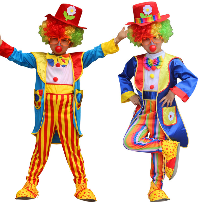 Halloween Kids Circus Clown Costume Jumpsuits Attached Wig Shoes Red Nose Fancy Carnival Cosplay for Children Dress Up