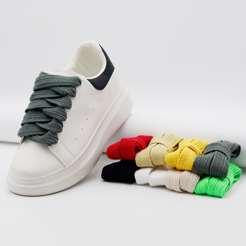 8 Colors Single Layer Wide Flat Type Polyester Cotton Shoelaces 2cm Wide Solid Color Casual Shoes Men & Women Custom Multicolor